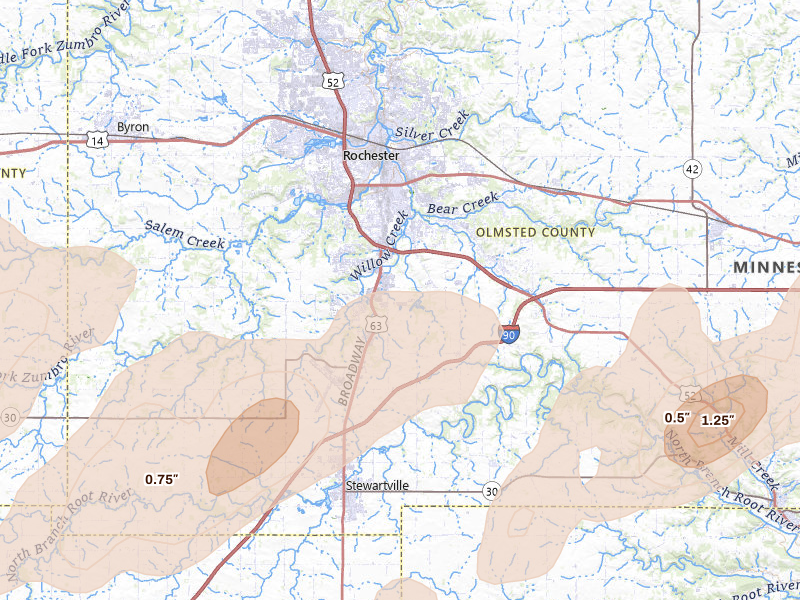 Radar-estimated hail-size map of the storm over Rochester, MN on Apr 17, 2026