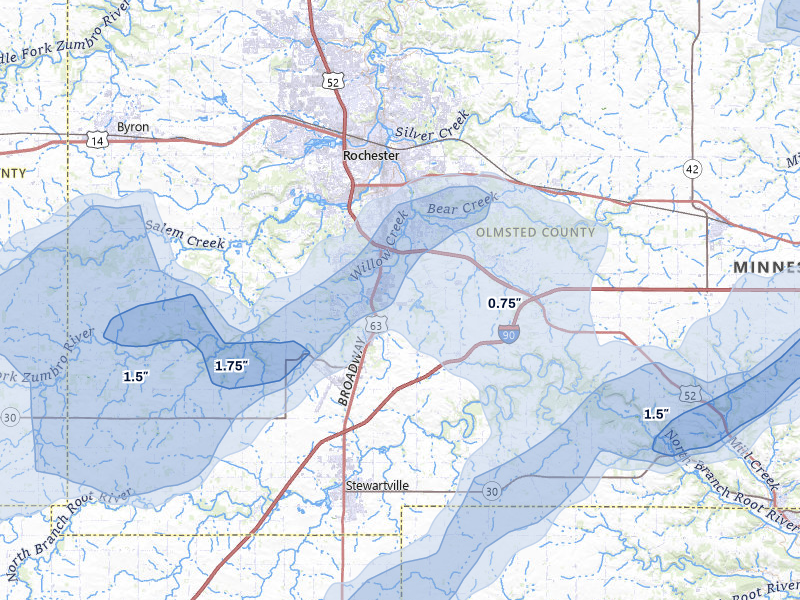 NEXRAD radar-signature map of the hail over Rochester, MN