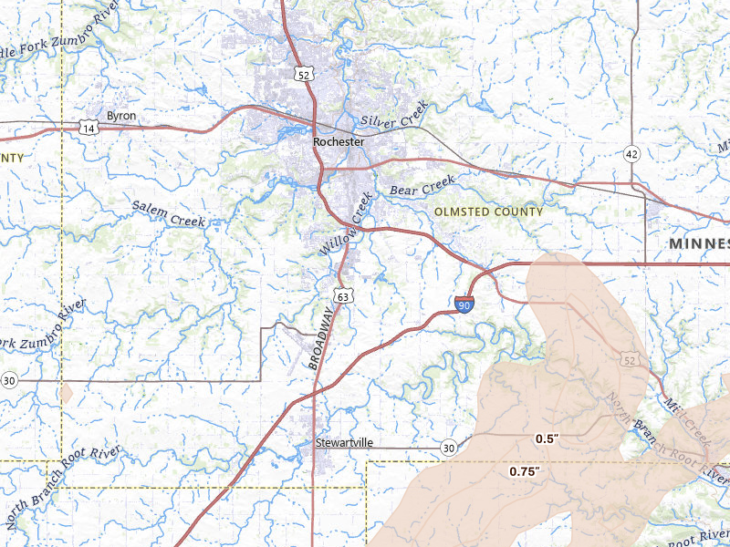 Radar-estimated hail-size map of the storm over Rochester, MN on Jun 30, 2026