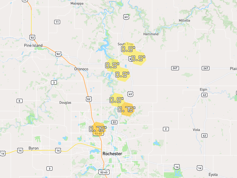 Hail map of Rochester, MN on Jul 1, 2026, hail up to 0.75"