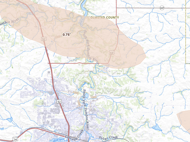 Radar-estimated hail-size map of the storm over Rochester, MN on Aug 18, 2026