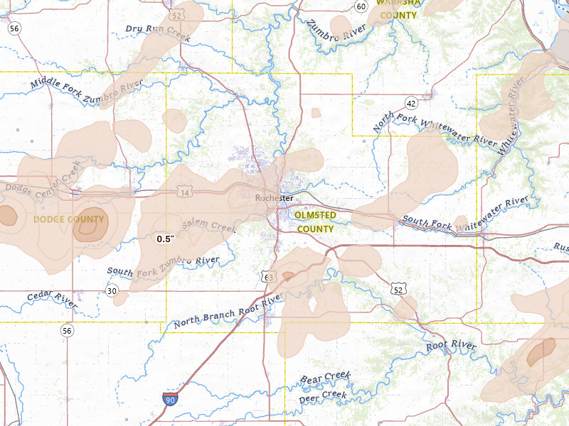 Radar-estimated hail-size map of the storm over Rochester, MN on Sep 1, 2026