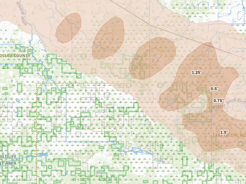 Radar-estimated hail-size map of the storm over Roosevelt, MN on Jul 16, 2026