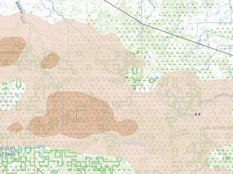 Radar-estimated hail-size map of the storm over Roosevelt, MN on Jul 24, 2026
