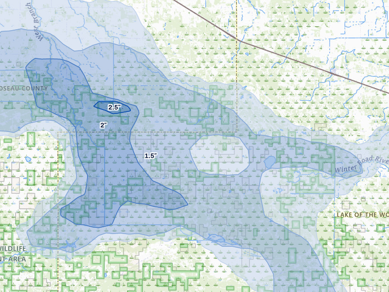 NEXRAD radar-signature map of the hail storm over Roosevelt, MN on Jul 24, 2026