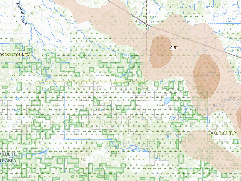 Radar-estimated hail-size map of the storm over Roosevelt, MN on Jul 26, 2026