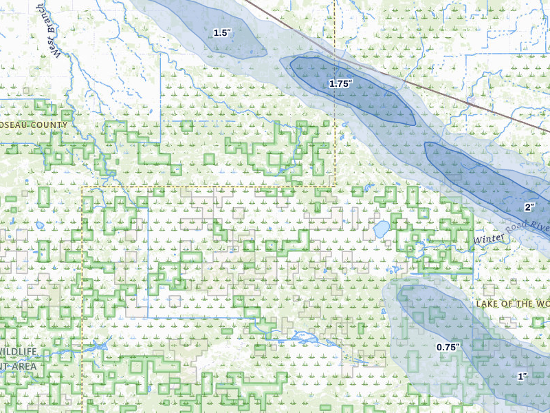 NEXRAD radar-signature map of the hail storm over Roosevelt, MN on Jul 26, 2026