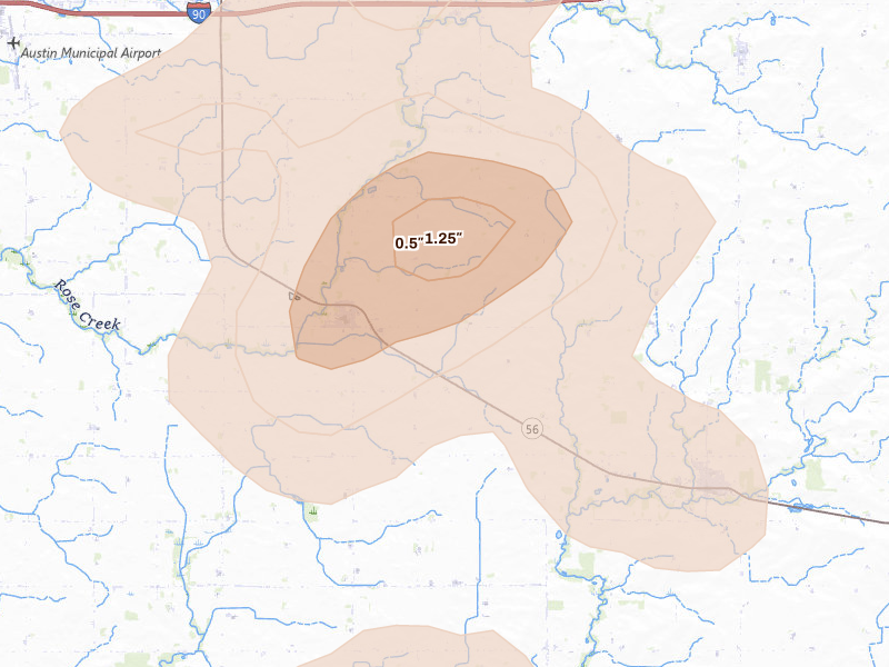 Radar-estimated hail-size map of the storm over Rose Creek, MN on May 26, 2026