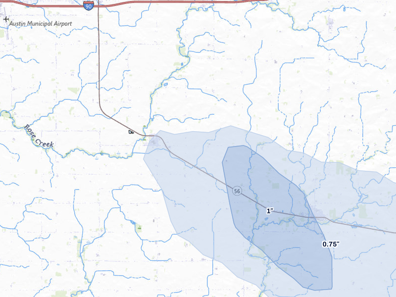 NEXRAD radar-signature map of the hail over Rose Creek, MN
