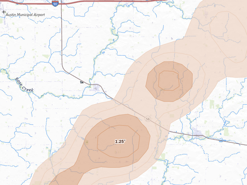 Radar-estimated hail-size map of the storm over Rose Creek, MN on Jun 30, 2026