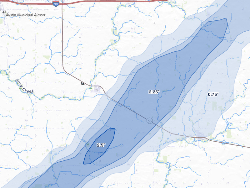 NEXRAD radar-signature map of the hail storm over Rose Creek, MN on Jun 30, 2026
