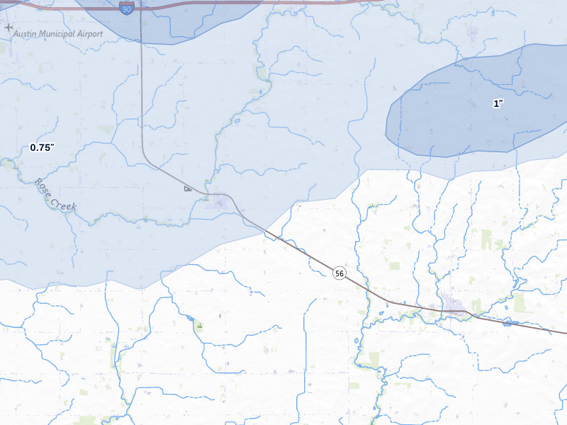 NEXRAD radar-signature map of the hail storm over Rose Creek, MN on Jul 1, 2026