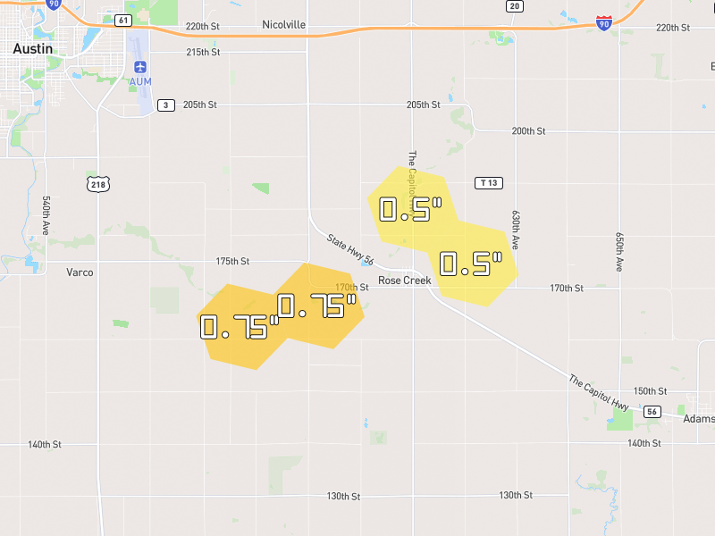 Hail map of Rose Creek, MN on Jul 2, 2026, hail up to 0.75"