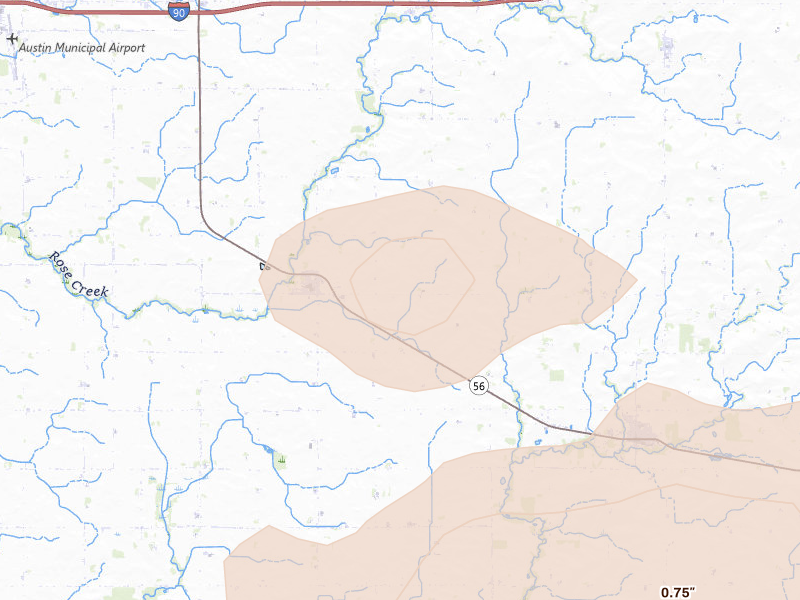 Radar-estimated hail-size map of the storm over Rose Creek, MN on Jul 8, 2026