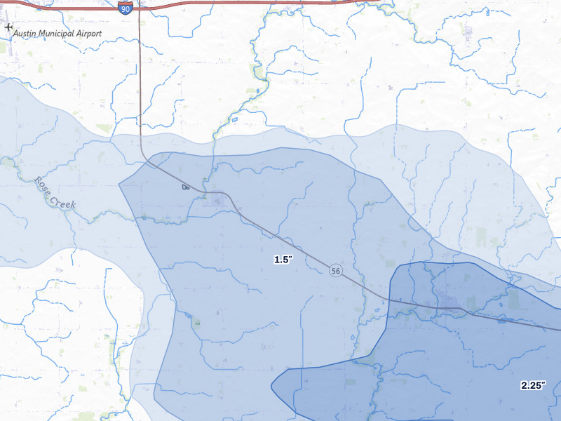 NEXRAD radar-signature map of the hail storm over Rose Creek, MN on Jul 8, 2026