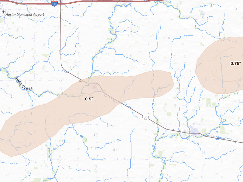 Radar-estimated hail-size map of the storm over Rose Creek, MN on Sep 1, 2026