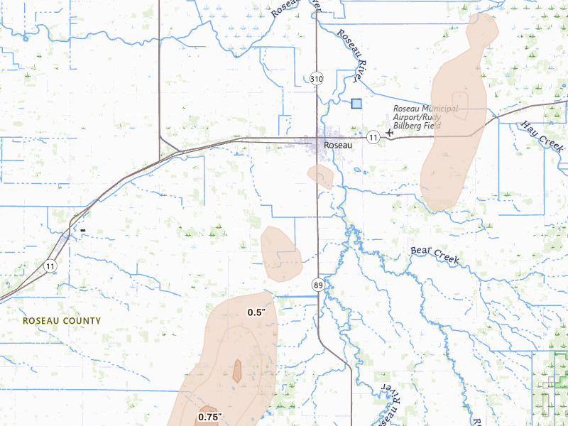 Radar-estimated hail-size map of the storm over Roseau, MN on Jun 10, 2026