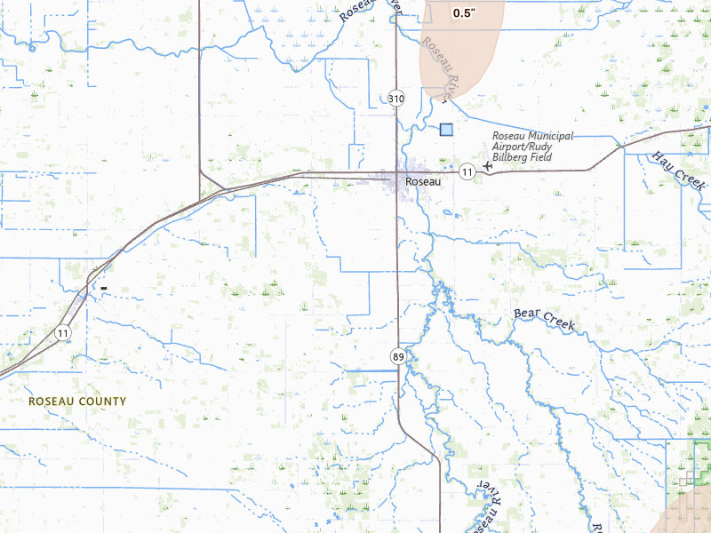Radar-estimated hail-size map of the storm over Roseau, MN on Jul 4, 2026
