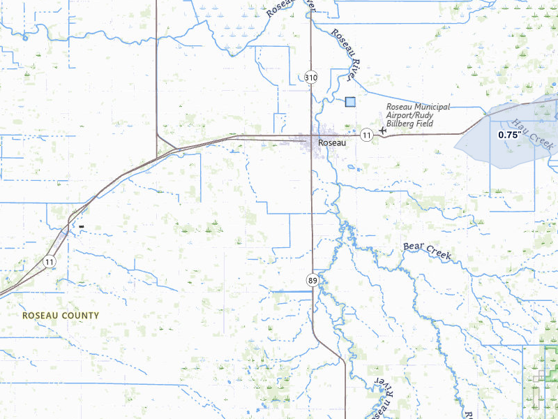 NEXRAD radar-signature map of the hail storm over Roseau, MN on Jul 6, 2026