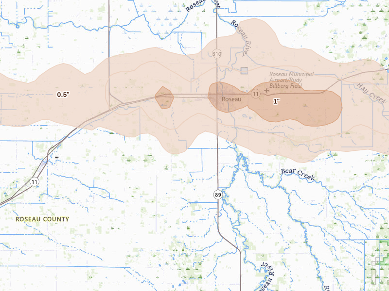 Radar-estimated hail-size map of the storm over Roseau, MN on Jul 16, 2026