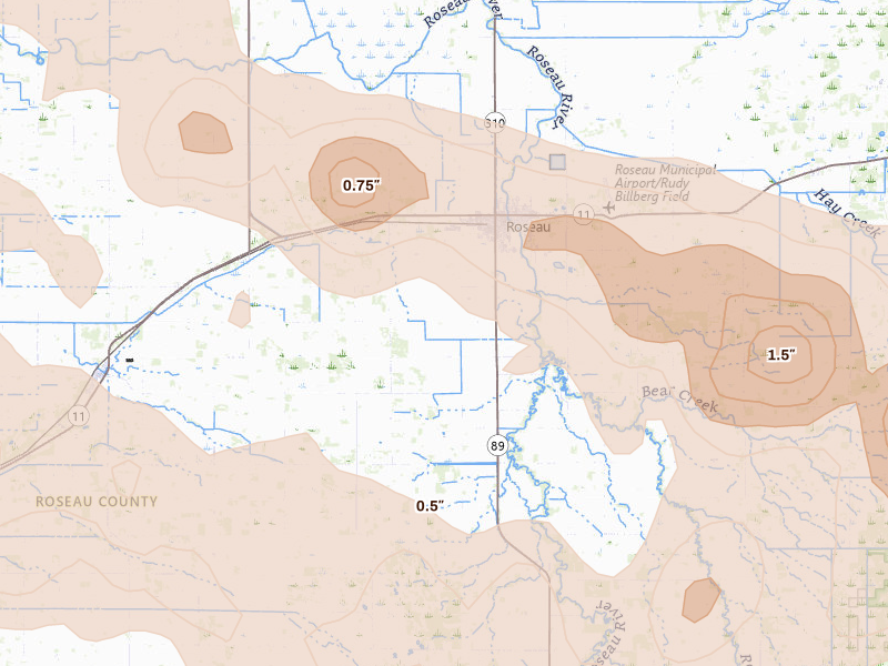 Radar-estimated hail-size map of the storm over Roseau, MN on Jul 24, 2026
