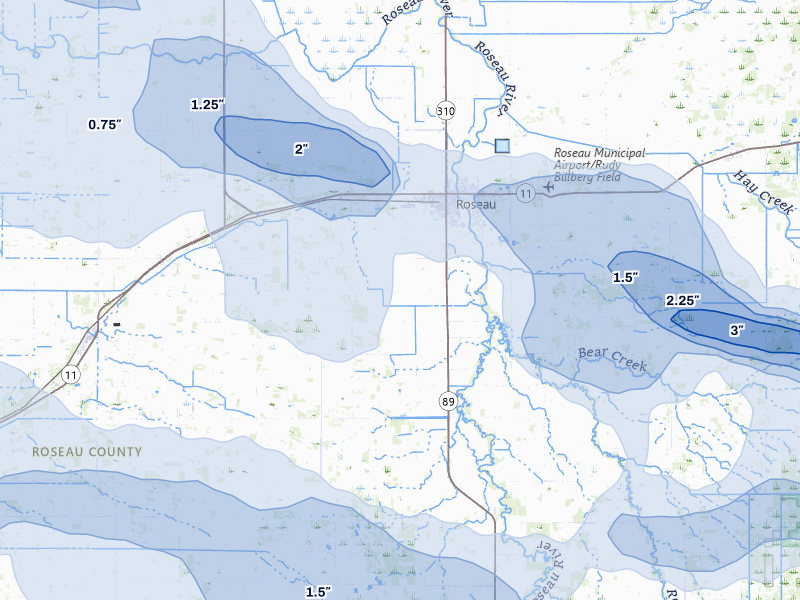 NEXRAD radar-signature map of the hail storm over Roseau, MN on Jul 24, 2026