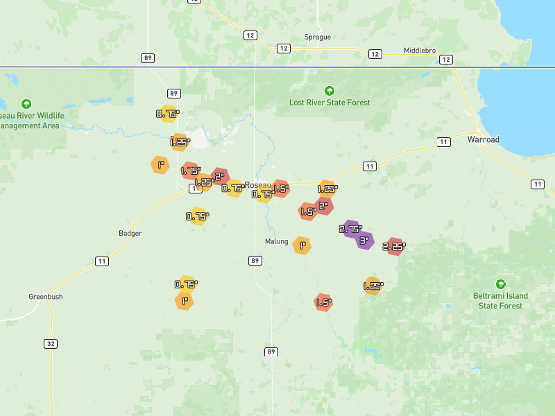 Hail map of Roseau, MN on Jul 24, 2026, hail up to 3"