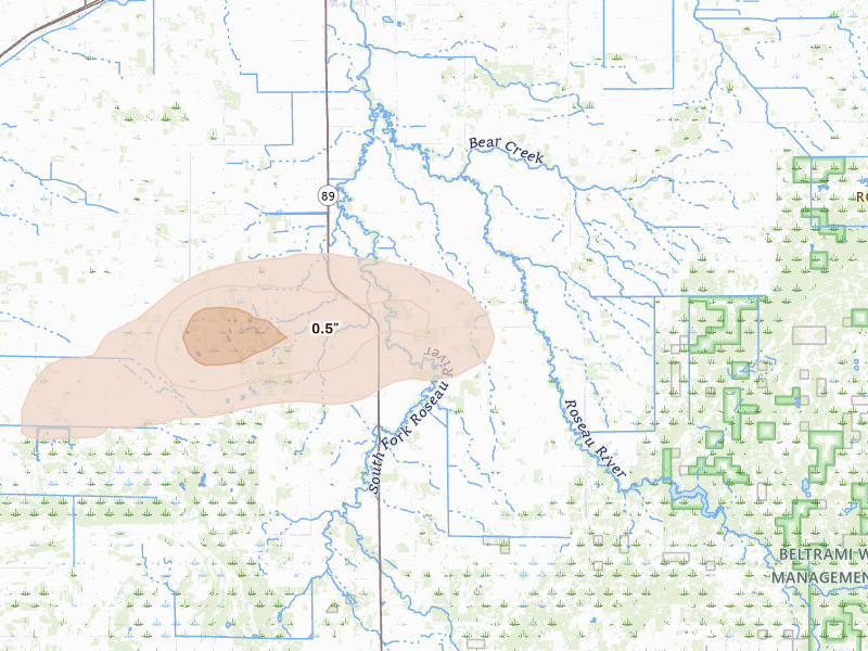 Radar-estimated hail-size map of the storm over Roseau, MN