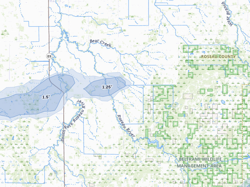 NEXRAD radar-signature map of the hail storm over Roseau, MN on Aug 2, 2026