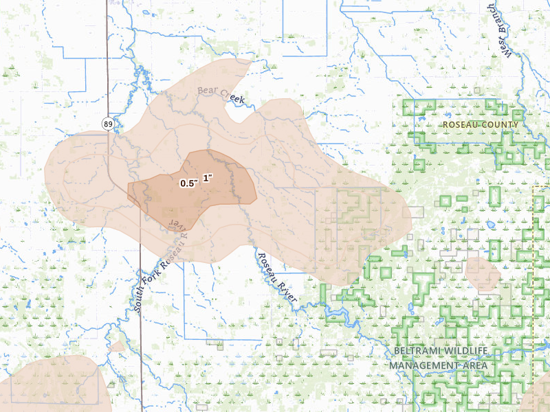Radar-estimated hail-size map of the storm over Roseau, MN on Aug 3, 2026