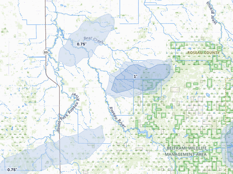 NEXRAD radar-signature map of the hail storm over Roseau, MN on Aug 3, 2026