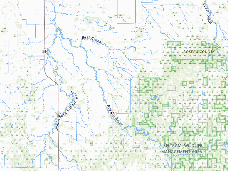 Radar-estimated hail-size map of the storm over Roseau, MN on Aug 6, 2026