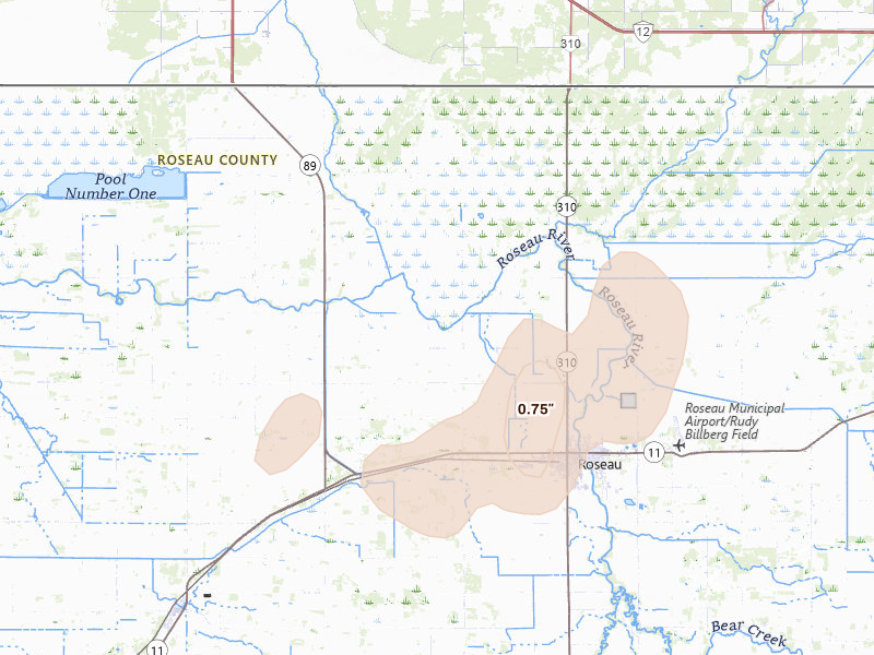 Radar-estimated hail-size map of the storm over Roseau, MN on Aug 24, 2026