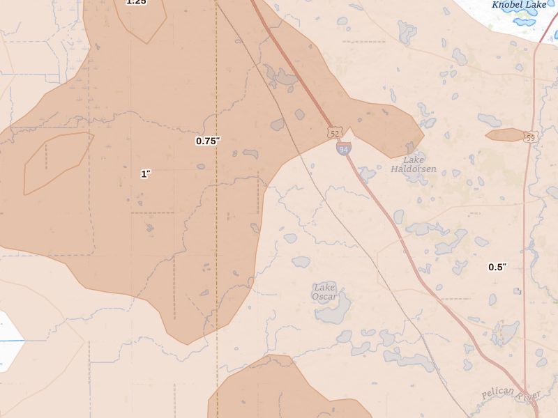 Radar-estimated hail-size map of the storm over Rothsay, MN on Jul 6, 2026