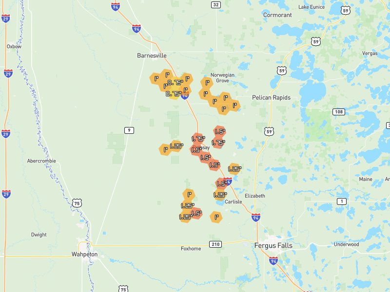 Hail map of Rothsay, MN on Jul 7, 2026, hail up to 1.75"
