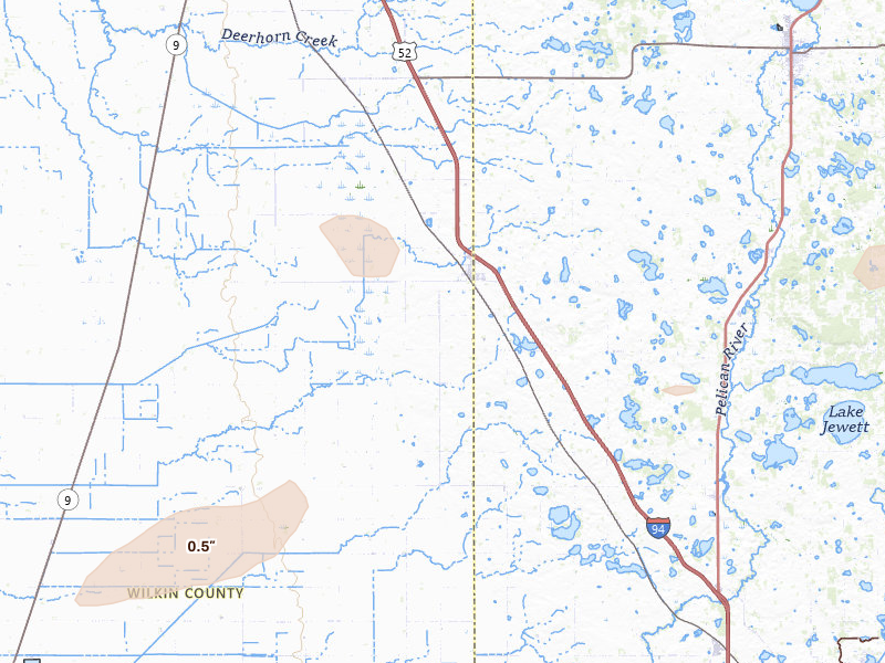 Radar-estimated hail-size map of the storm over Rothsay, MN on Aug 3, 2026