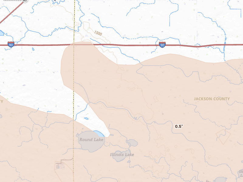 Radar-estimated hail-size map of the storm over Round Lake, MN on Jun 27, 2026