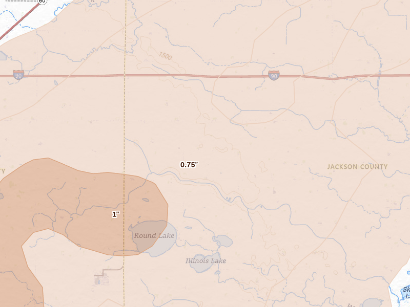 Radar-estimated hail-size map of the storm over Round Lake, MN on Jun 29, 2026
