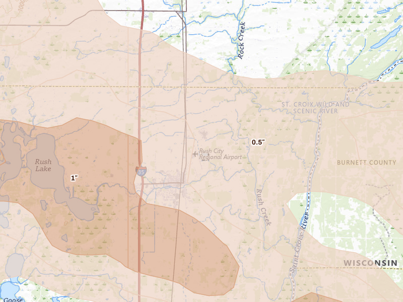 Radar-estimated hail-size map of the storm over Rush City, MN on Jun 19, 2026