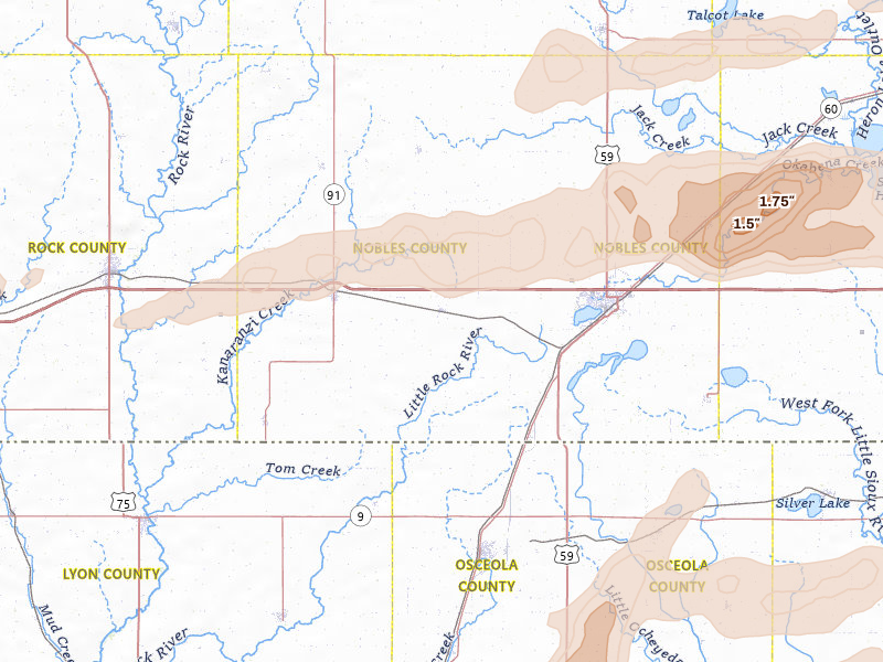 Radar-estimated hail-size map of the storm over Rushmore, MN on Apr 13, 2026