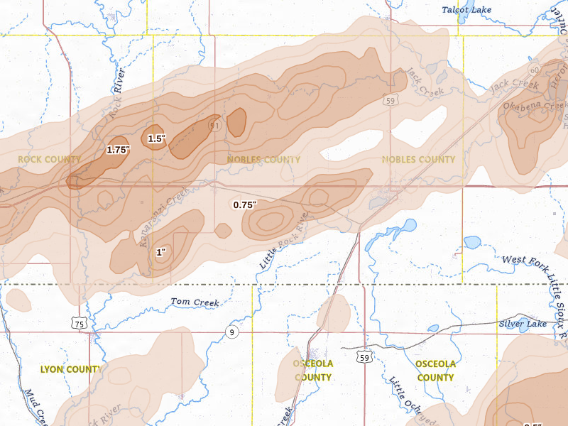 Radar-estimated hail-size map of the storm over Rushmore, MN on May 17, 2026