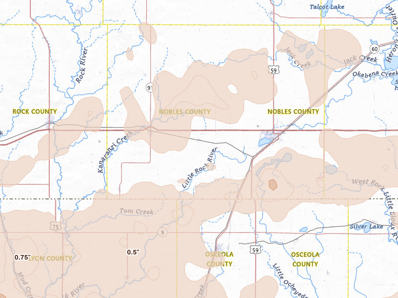 Radar-estimated hail-size map of the storm over Rushmore, MN on Jun 27, 2026