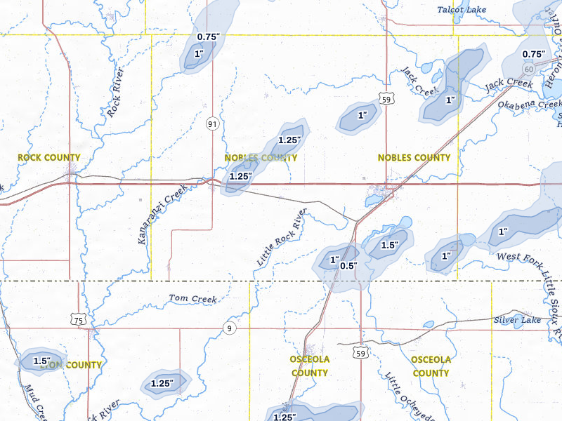 NEXRAD radar-signature map of the hail storm over Rushmore, MN on Jun 27, 2026