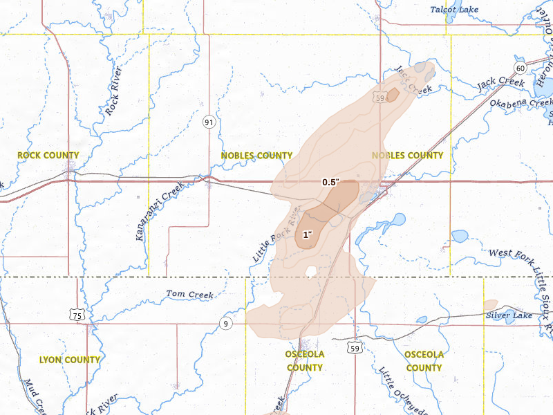 Radar-estimated hail-size map of the storm over Rushmore, MN on Jul 1, 2026