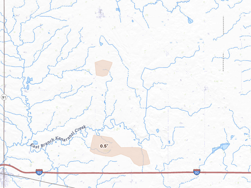 Radar-estimated hail-size map of the storm over Rushmore, MN on Aug 5, 2026