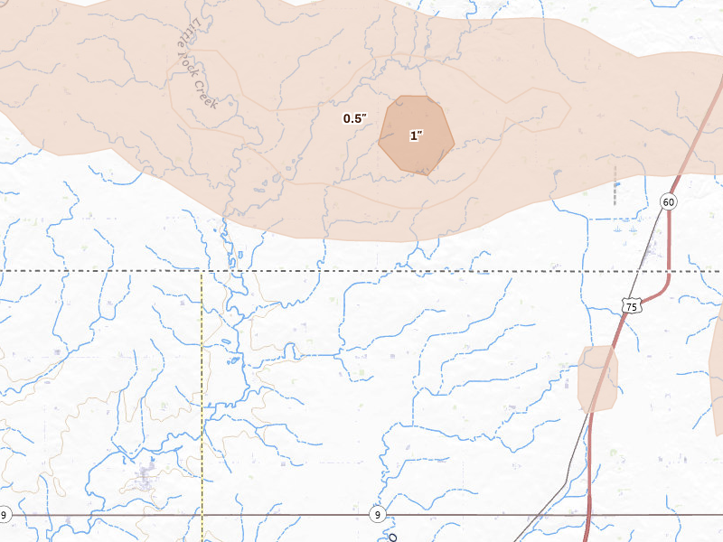 Radar-estimated hail-size map of the storm over Rushmore, MN on Aug 7, 2026