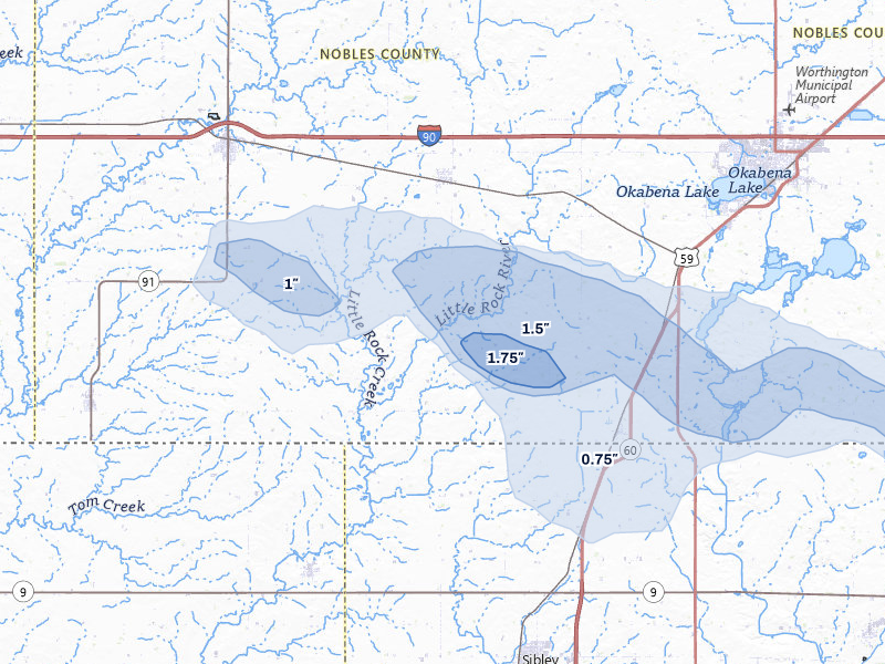 NEXRAD radar-signature map of the hail storm over Rushmore, MN on Aug 7, 2026