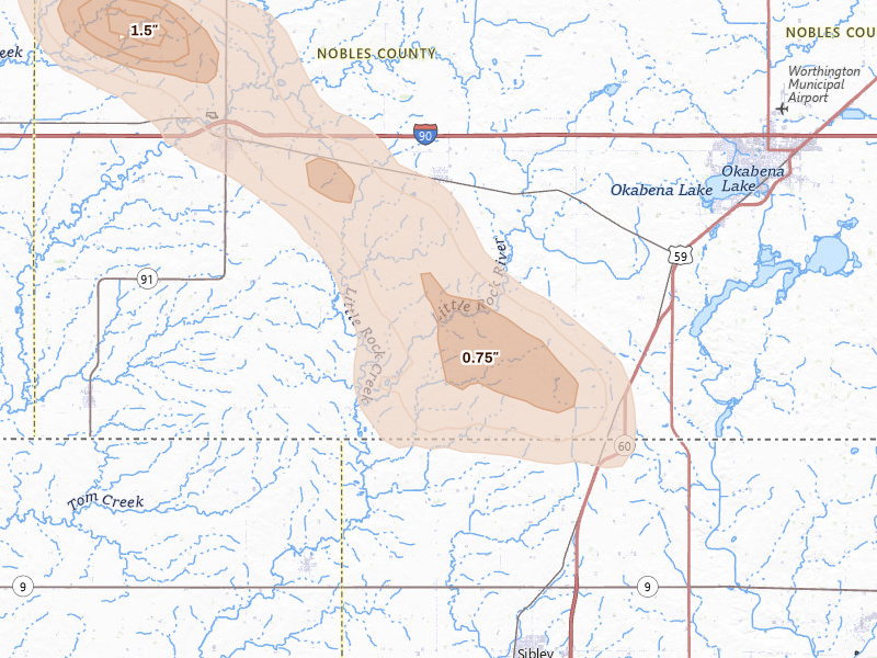 Radar-estimated hail-size map of the storm over Rushmore, MN on Aug 18, 2026