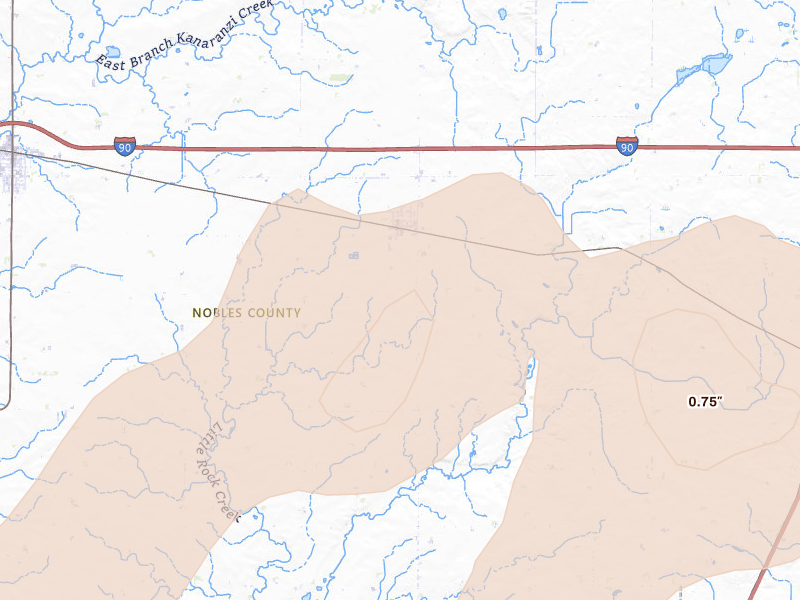 Radar-estimated hail-size map of the storm over Rushmore, MN on Sep 1, 2026