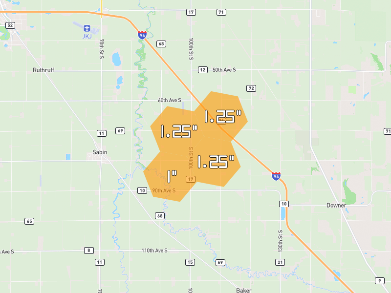 Hail map of Sabin, MN on Jul 6, 2026, hail up to 1.25"